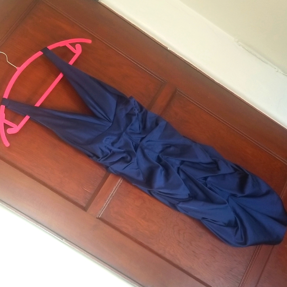 Xscape navy blue. Petite size 12. Satin finish.